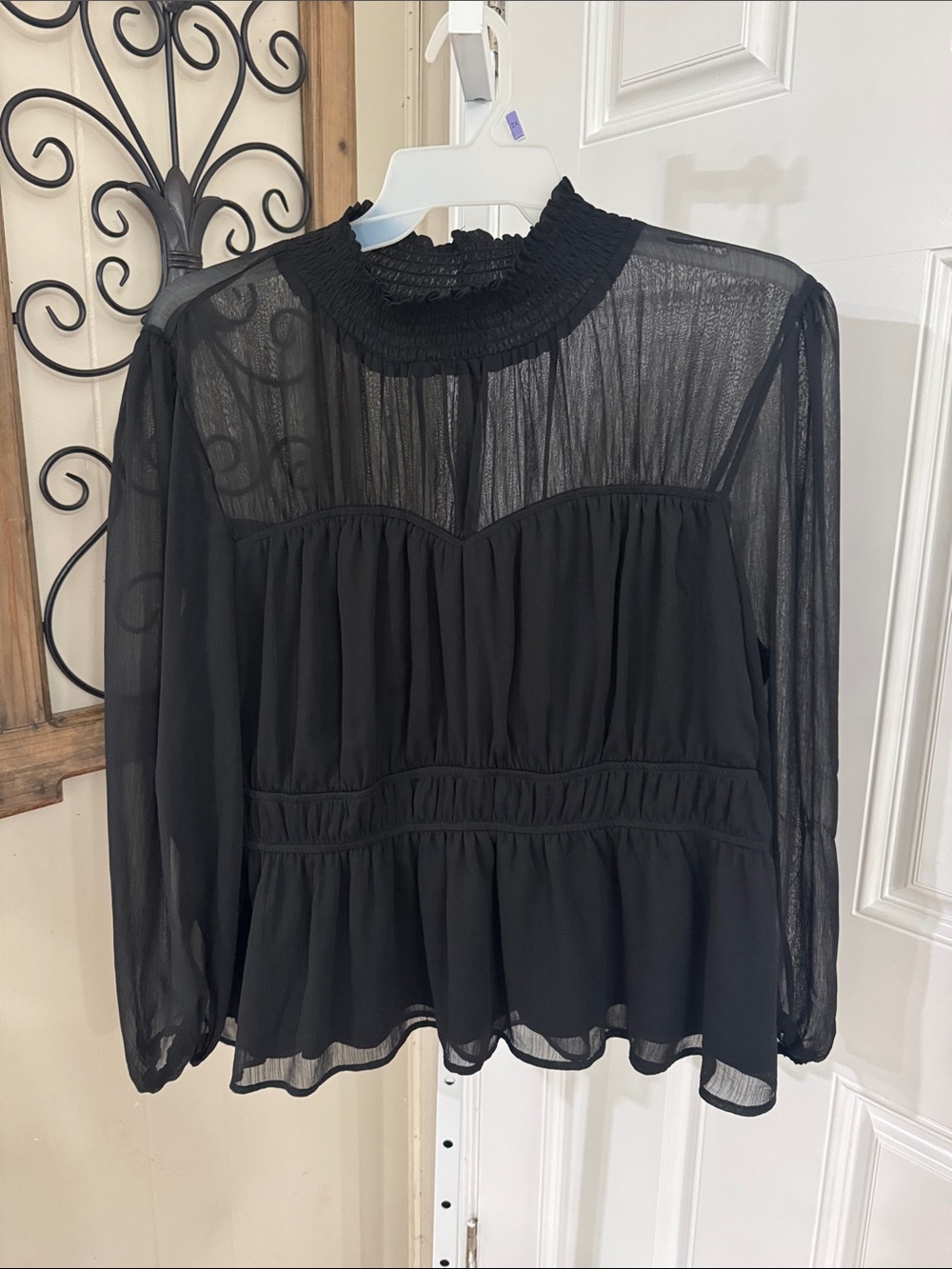 ARULA Black Sheer Smocked-Neck Peplum Blouse